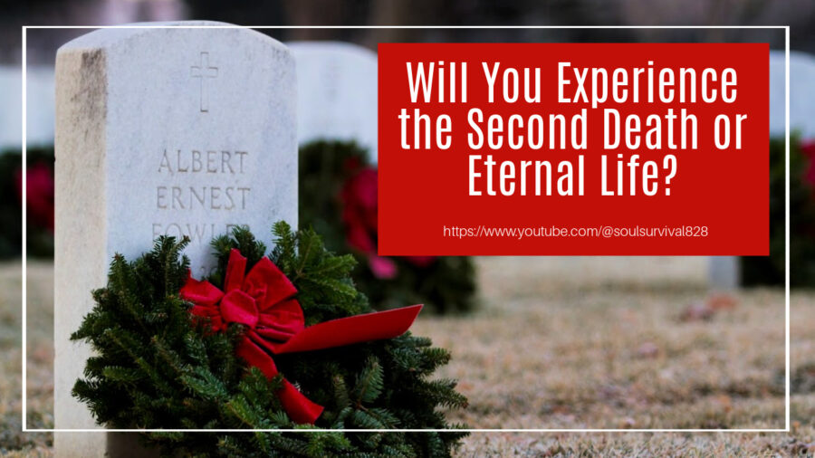 Tombstone decorated with Christmas wreath and text that reads, Will You Experience the Second Death or Eternal Life?