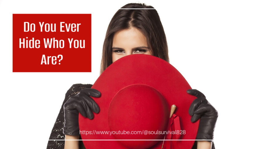 Woman hiding behind a big red hat with text that reads, Are You Honest & Transparent or Do You Hide Who You Are?