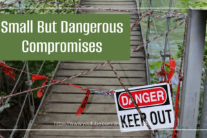 Dilapidated wooden bridge with danger sign with text that reads, Small But Dangerous Compromises