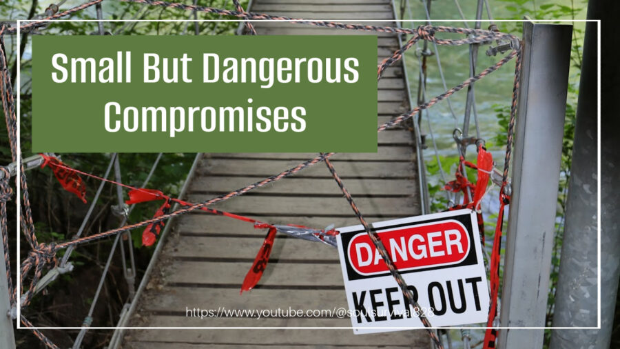 Dilapidated wooden bridge with danger sign with text that reads, Small But Dangerous Compromises