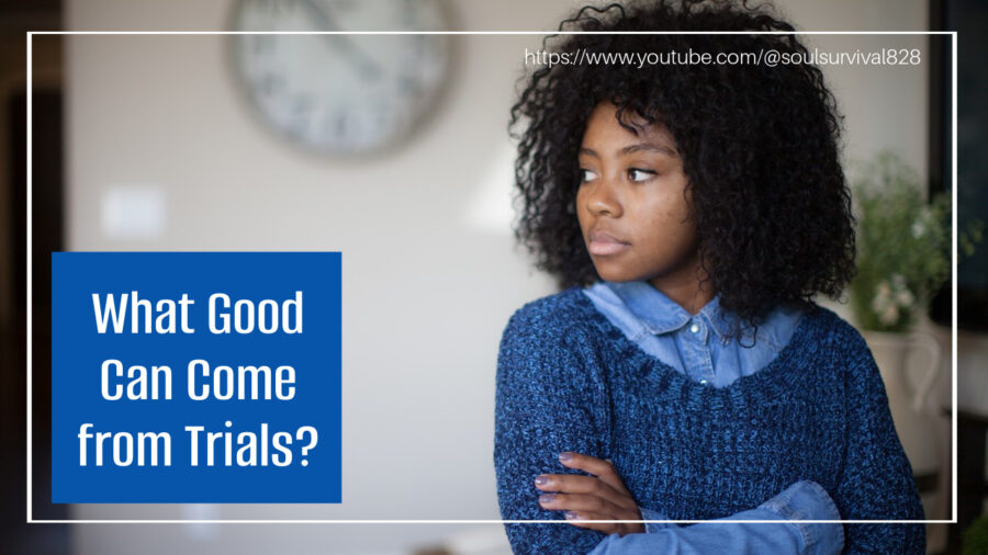 Beautiful African-American woman in a blue blouse and sweater with text that reads, What Good Can Come from Trials?