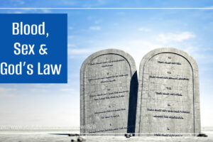 Image of the ten commandments surrounded by a sandy desert with text that reads, Blood, Sex & God’s Law