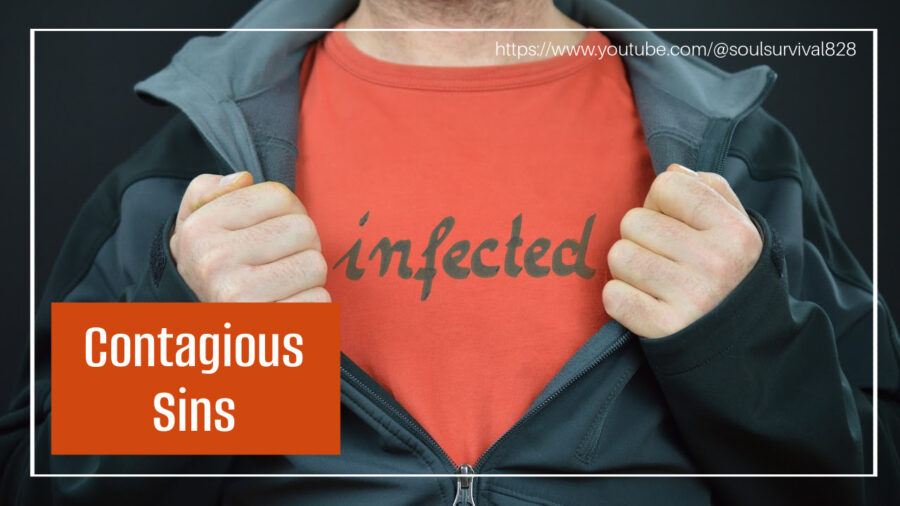 Man with a t-shirt that reads "infected" with other text that says, What Are Contagious Sins?