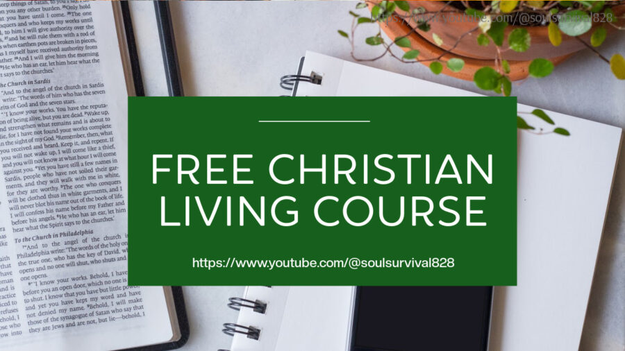 Bible, smart phone and notebook on a table with text that reads, Free Christian Living Course