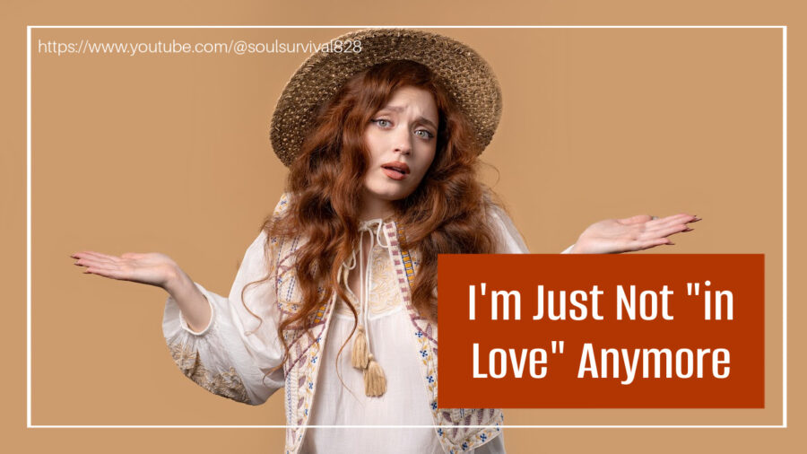 Pretty girl with long red hair and an "oh well" expression with text that reads, I'm Just Not "in Love" Anymore