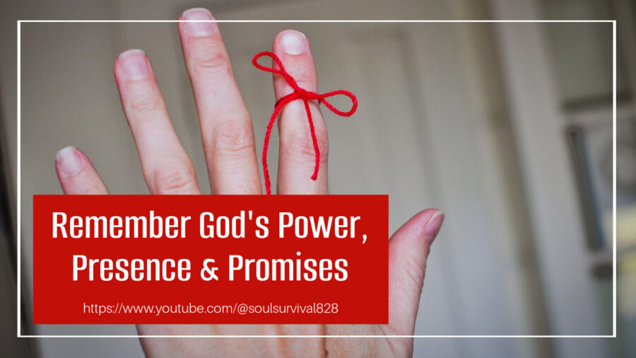 Attractive young woman holding up her finger which has a string tied around it with text that reads, Remember God's Power, Promise & Presence