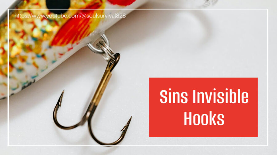 Colorful fishing lure with a large hook and text that reads, Sin's Invisible Hooks