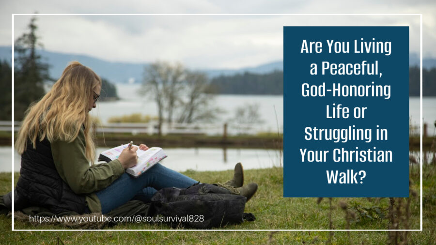 Young woman sitting by a lake reading her Bible with text that reads, Are You Living a Peaceful, God-Honoring Life or Struggling in Your Christian Walk?
