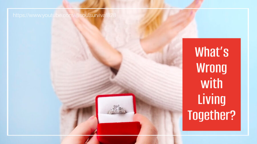Woman rejecting marriage proposal with text that reads, What's Wrong with Living Together?