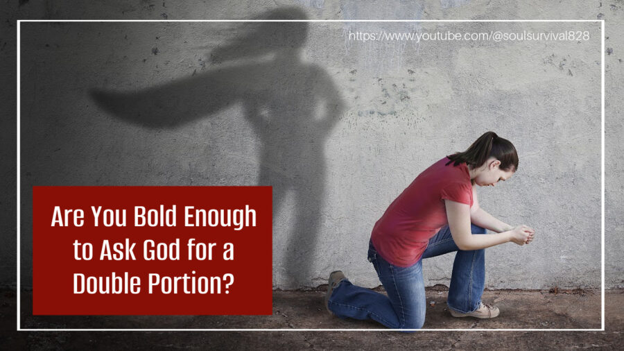 Woman in a red shirt and jeans kneeling in prayer with text that reads, Are You Bold Enough to Ask God for a Double Portion?