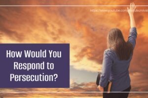 Woman praising God and holding a Bible under her arm outside with a cloudy sky with text that reads, How Would You Respond to Persecution?