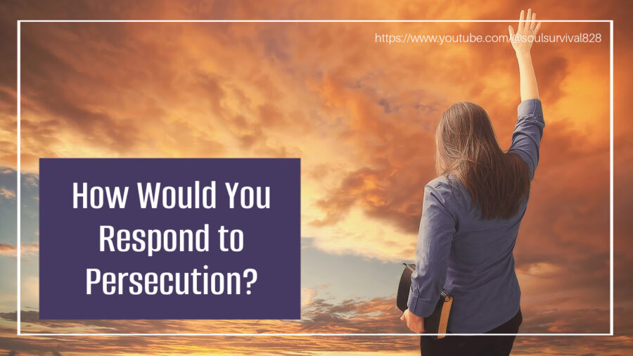 Woman praising God and holding a Bible under her arm outside with a cloudy sky with text that reads, How Would You Respond to Persecution?