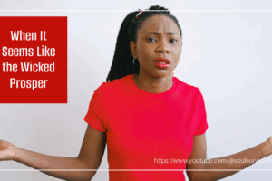 Pretty African-American woman in a red t-shirt with text that reads, When It Seems Wicked People Prosper
