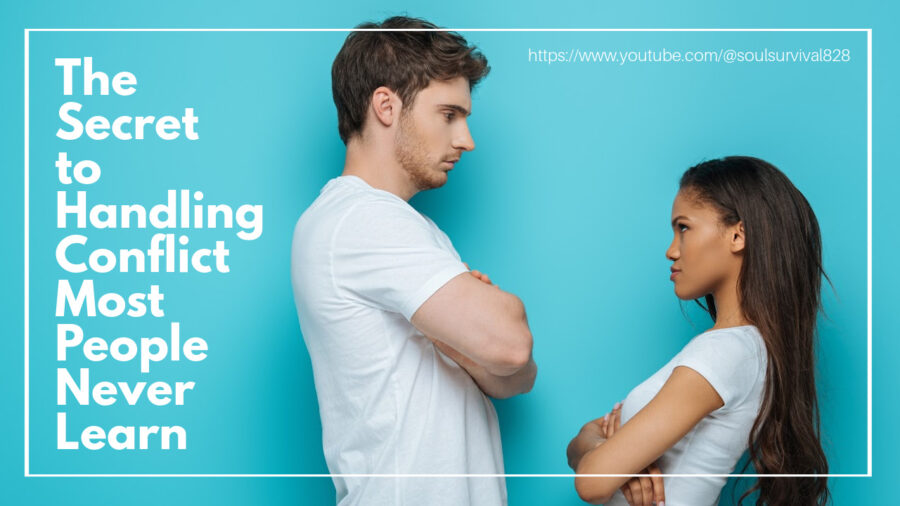 Couple arguing with their arms crossed with text that reads: The Secret to Handling Conflict Most People Never Learn