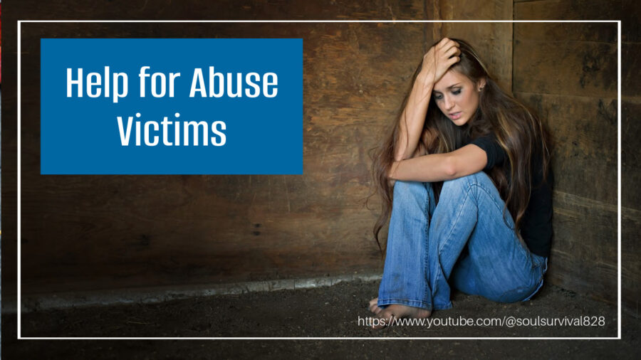 Woman sitting in a corner in distress with text that reads, Help for Abuse Victims