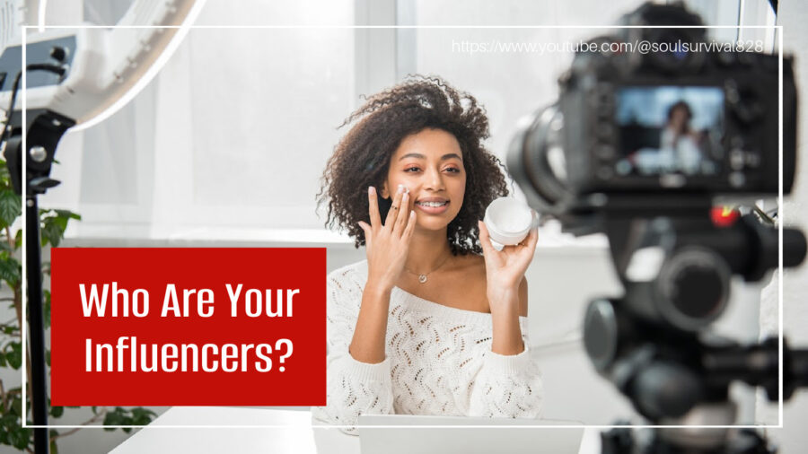 Influencer broadcasting her podcast with text that reads, Who Are Your Influencers?