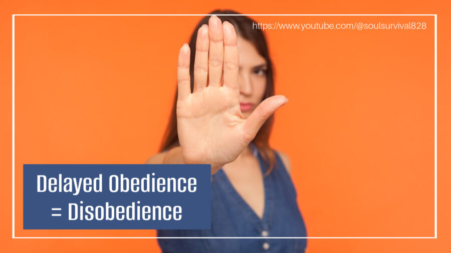 Young woman holding up her hand in a wait gesture with text that reads, Delayed Obedience = Disobedience