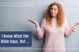 Young woman with long red hair shrugging her shoulders with text that reads, I Know What the Bible Says, But ...