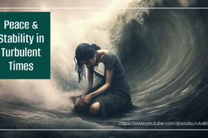 Woman about to be engulfed by a giant wave with text that reads, Peace & Stability in Turbulent Times