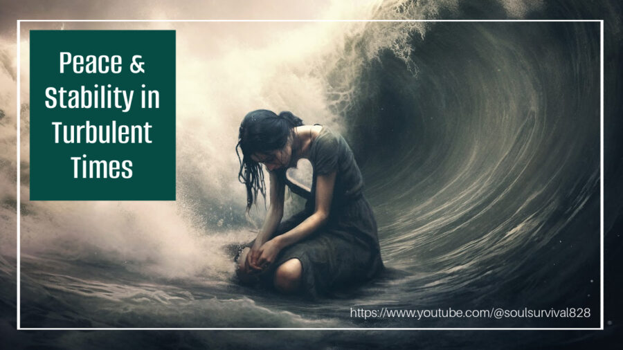 Woman about to be engulfed by a giant wave with text that reads, Peace & Stability in Turbulent Times