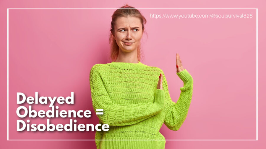 Young woman in a lime green sweater holding up her hand in refusal with text that reads: Delayed Obedience = Disobedience