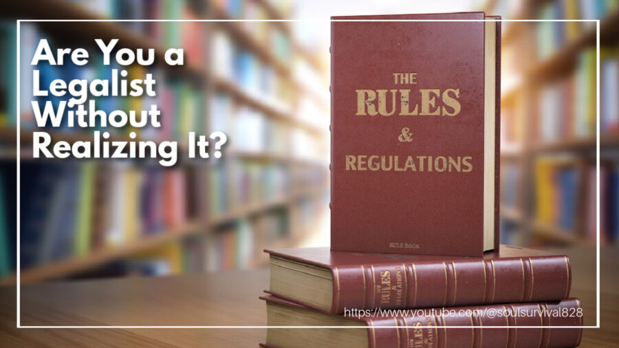 Stack of books. The top one with a title "The Rules & Regulations" with text that reads: Are You a Legalist Without Realizing It?