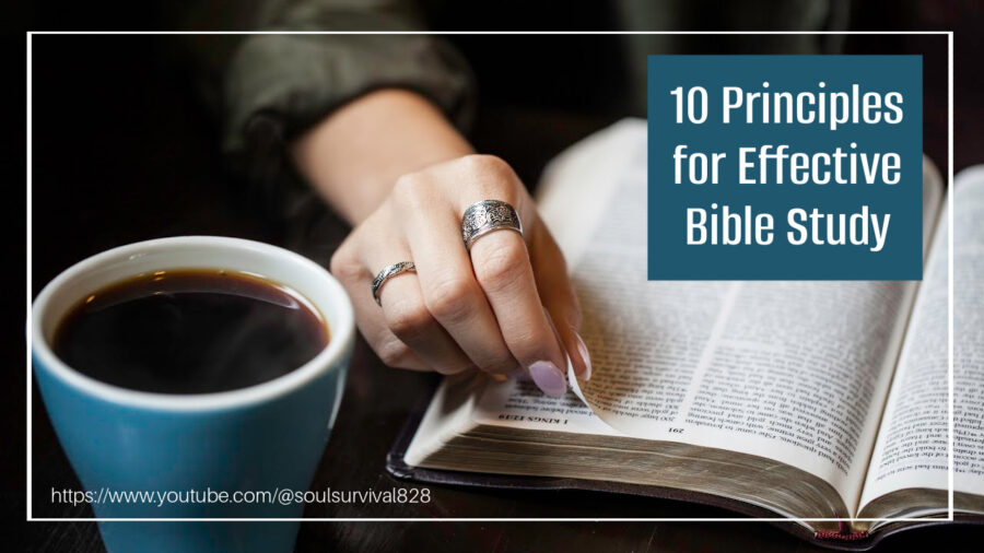 Woman's hand turning the pages of her Bible with text that reads, 10 Principles for Effective Bible Study
