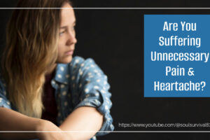Depressed young woman in a blue blouse with text that reads, Are You Suffering Unnecessary Pain & Heartache?
