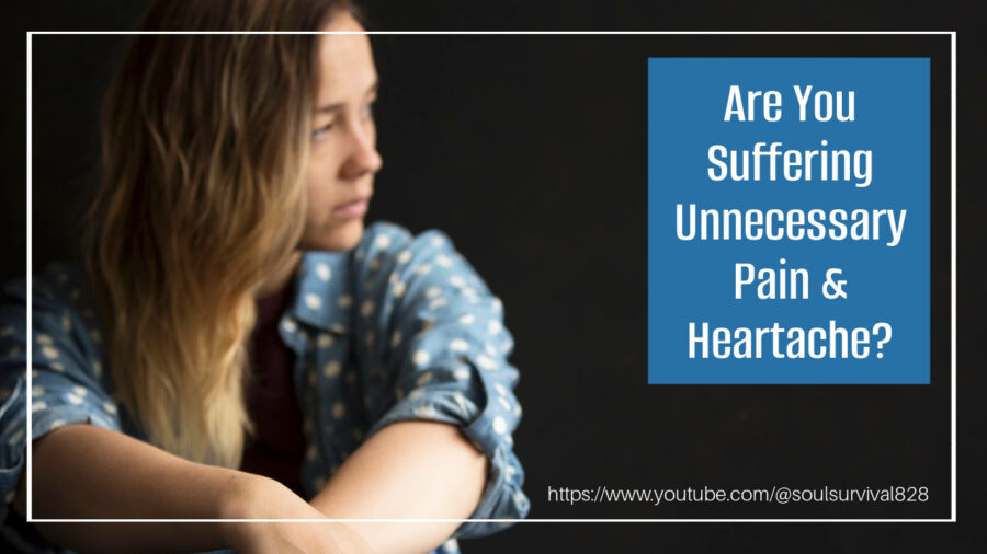 Depressed young woman in a blue blouse with text that reads, Are You Suffering Unnecessary Pain & Heartache?