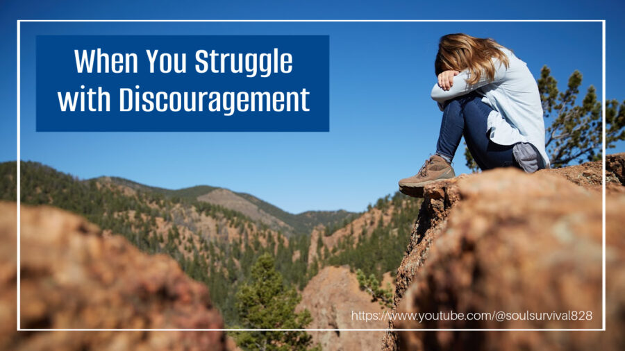 Woman out in the desert sitting on a rock formation with text that Woman out in the desert sitting on a rock formation with text that reads, When You Struggle with Discouragement