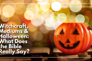 Plastic pumpkin against a sparkly background with text that reads: Witchcraft, Mediums & Halloween: What Does the Bible Really Say?