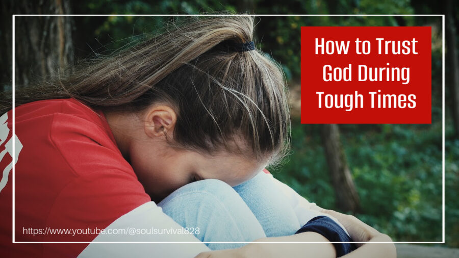 Sad and depresses woman with her head in her hands and text that reads, How to Trust God During Tough Times