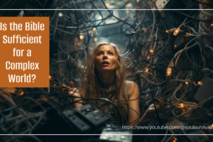 Woman caught up in a tangle of wires and electronic gear with text that reads, Is the Bible Sufficient for a Complex World?