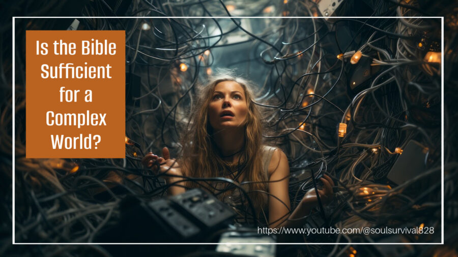 Woman caught up in a tangle of wires and electronic gear with text that reads, Is the Bible Sufficient for a Complex World?