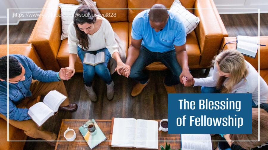 Men and women praying and reading the bible together with text that reads, The Blessing of Fellowship