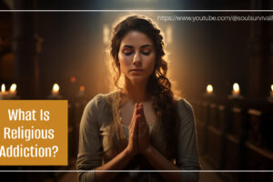 Pious young woman with candle light behind her and text that reads, What Is Religious Addiction?