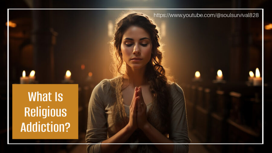 Pious young woman with candle light behind her and text that reads, What Is Religious Addiction?