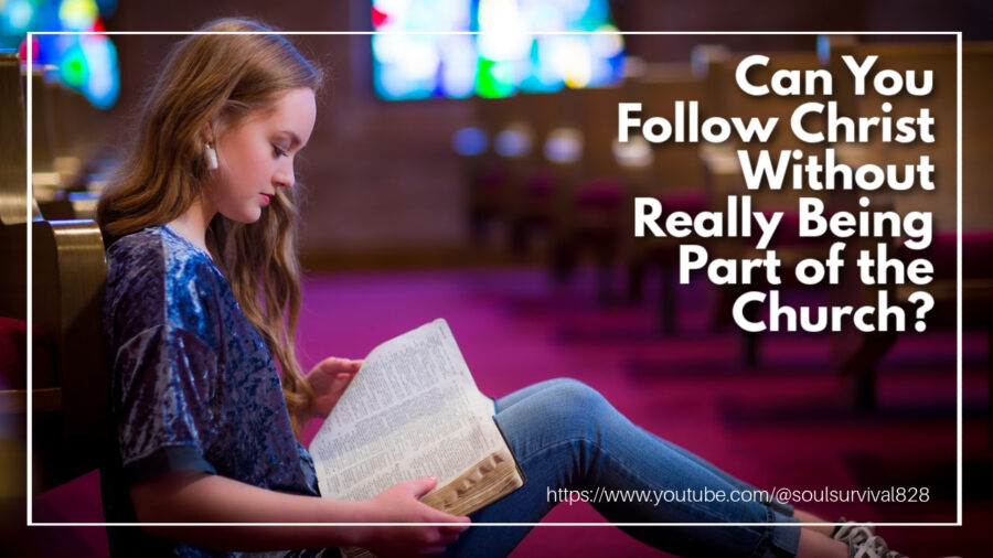 Young woman sitting on the floor of a church with stained glass windows behind her, an open Bible in her lap, and text that reads: Can You Follow Christ Without Really Being Part of the Church?