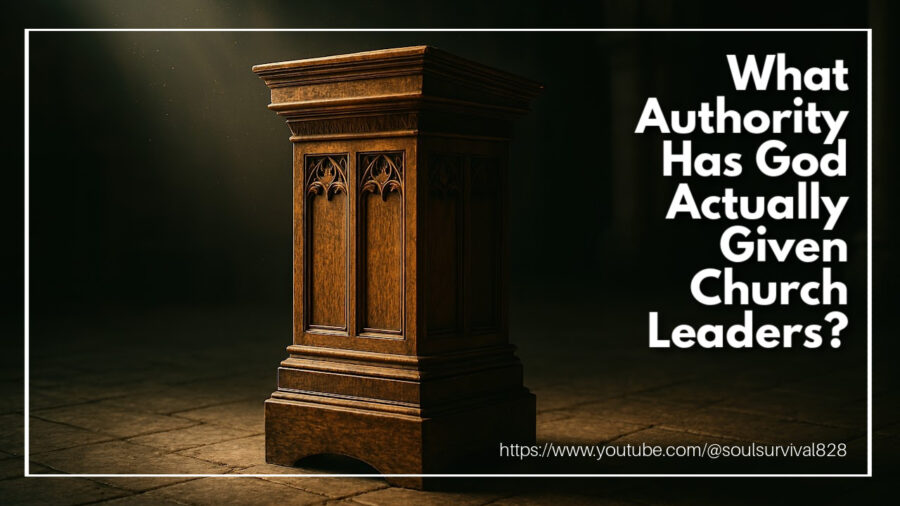 Traditional wooden pulpit against a black background with text that reads: What Authority Has God Actually Given Church Leaders?
