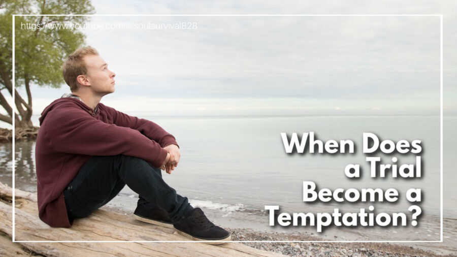 Young man in a burgundy sweater looking out over a lake with text that reads: When Does a Trial Become a Temptation?