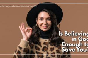 Woman in an animal print sweater and hat giving an ok sign with text that reads: Is Believing in God Enough to Save You?