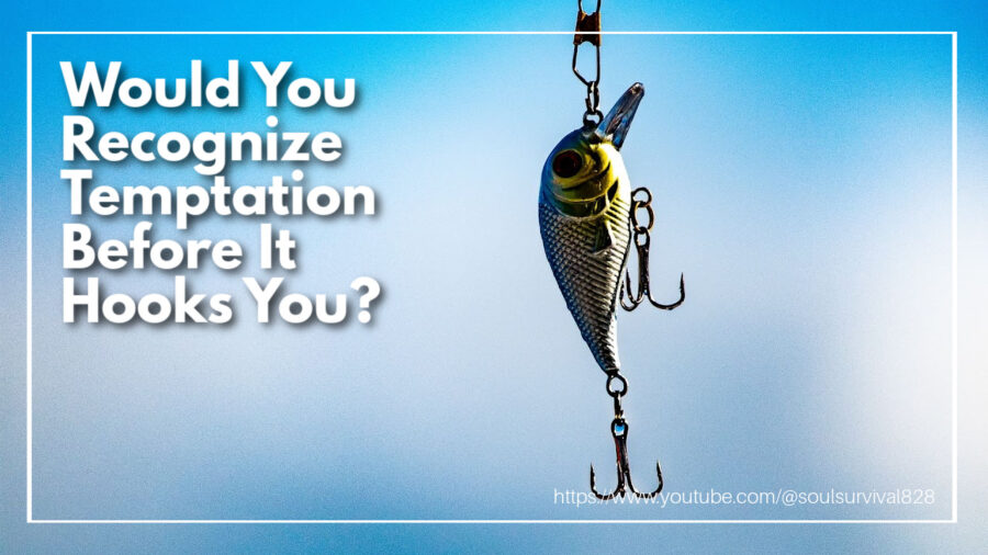 Fish dangling from a hook against a blue sky with text that reads: Would You Recognize Temptation Before It Hooks You?