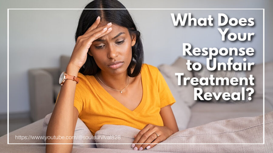 Depressed Middle Eastern woman with her hand on her forehead and text that reads: What Does Your Response to Unfair Treatment Reveal?
