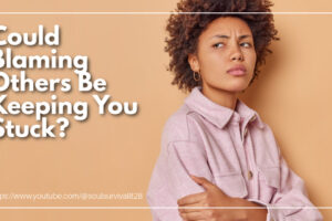 Young African-American woman looking angry with text that reads: Could Blaming Others Be Keeping You Stuck?
