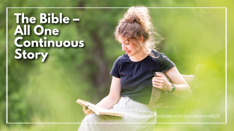 Woman sitting outside in a beautiful green wooded area with text that reads: The Bible – All One Continuous Story