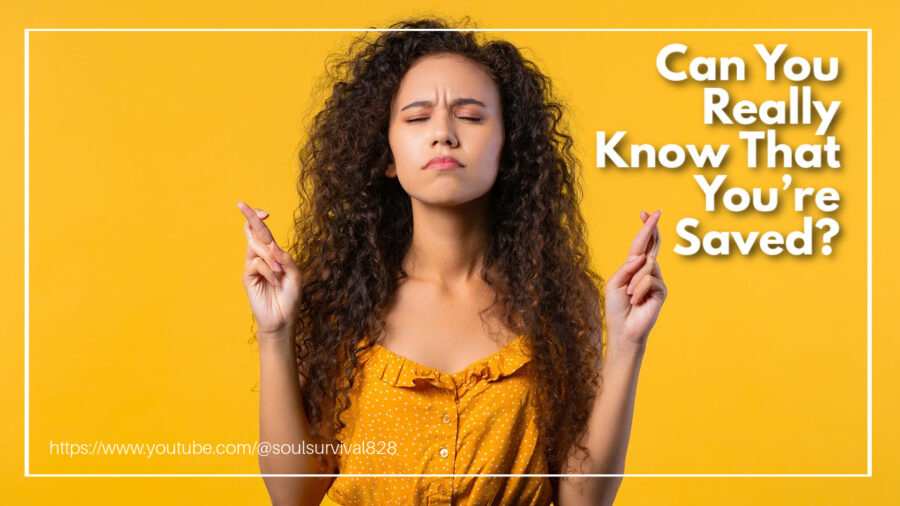 Woman praying with crossed fingers on yellow background with text that reads: Can You Really Know That You’re Saved?