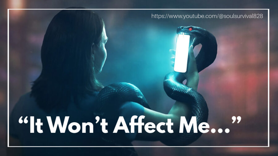 A woman holds up her phone and does not realize the attached snake.