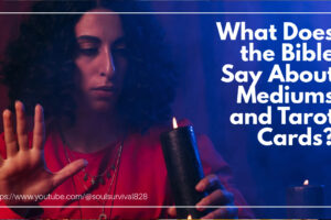 Female medium holding a candle in a darkened room with text that reads, White Magic, Mediums & Spiritists