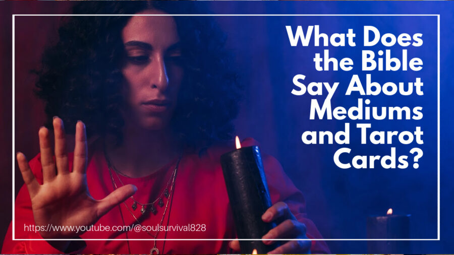 Female medium holding a candle in a darkened room with text that reads, White Magic, Mediums & Spiritists