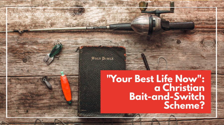 Bible on a table with fishing lures and a pole with text that reads, Is Following Jesus a Christian Bait-and-Switch Scheme?